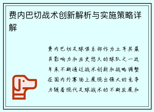 费内巴切战术创新解析与实施策略详解
